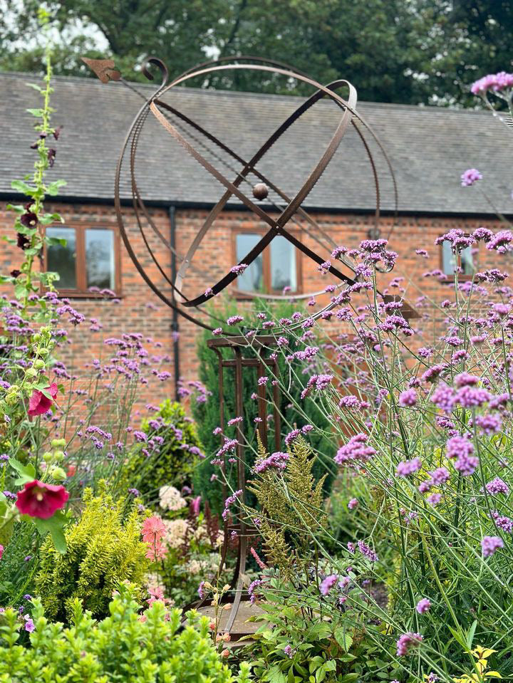 Large steel garden armillary sphere sculpture
