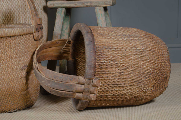 Antique Chinese bentwood woven willow rice basket – authentic harvest basket, perfect for décor, storage, or collectible display.