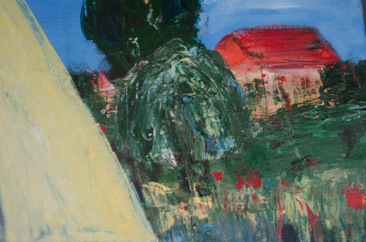 An impressionistic landscape painting featuring a large pale yellow foreground shape, a dark green tree, a red-roofed building, and blue sky, rendered with thick textured brushstrokes.