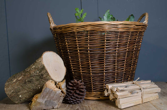 Traditional woven willow log basket with two handles