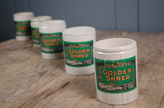 Collection of antique golden shred cream ironstone marmalade jars