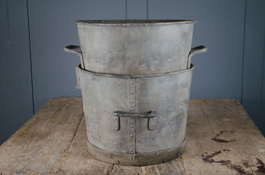 Pair of Victorian zinc riveted buckets with side handles and aged patina used for sugar beet samples