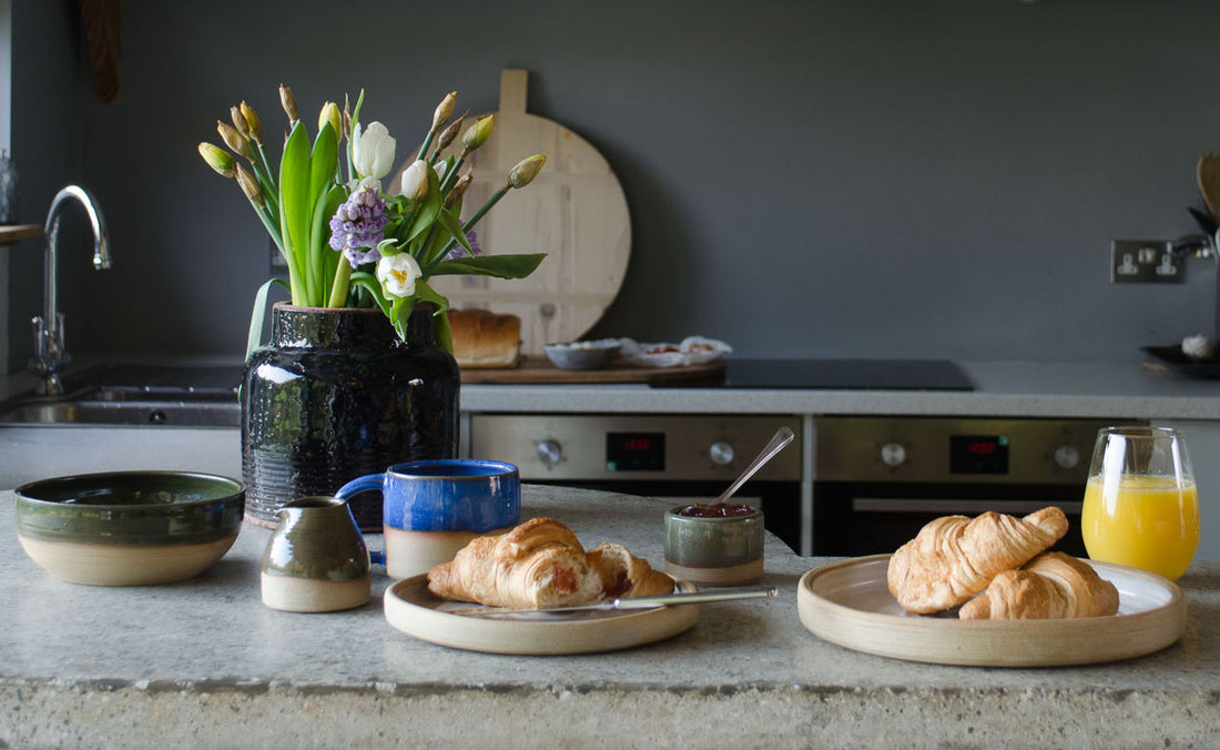 Handmade pottery collection in kitchen