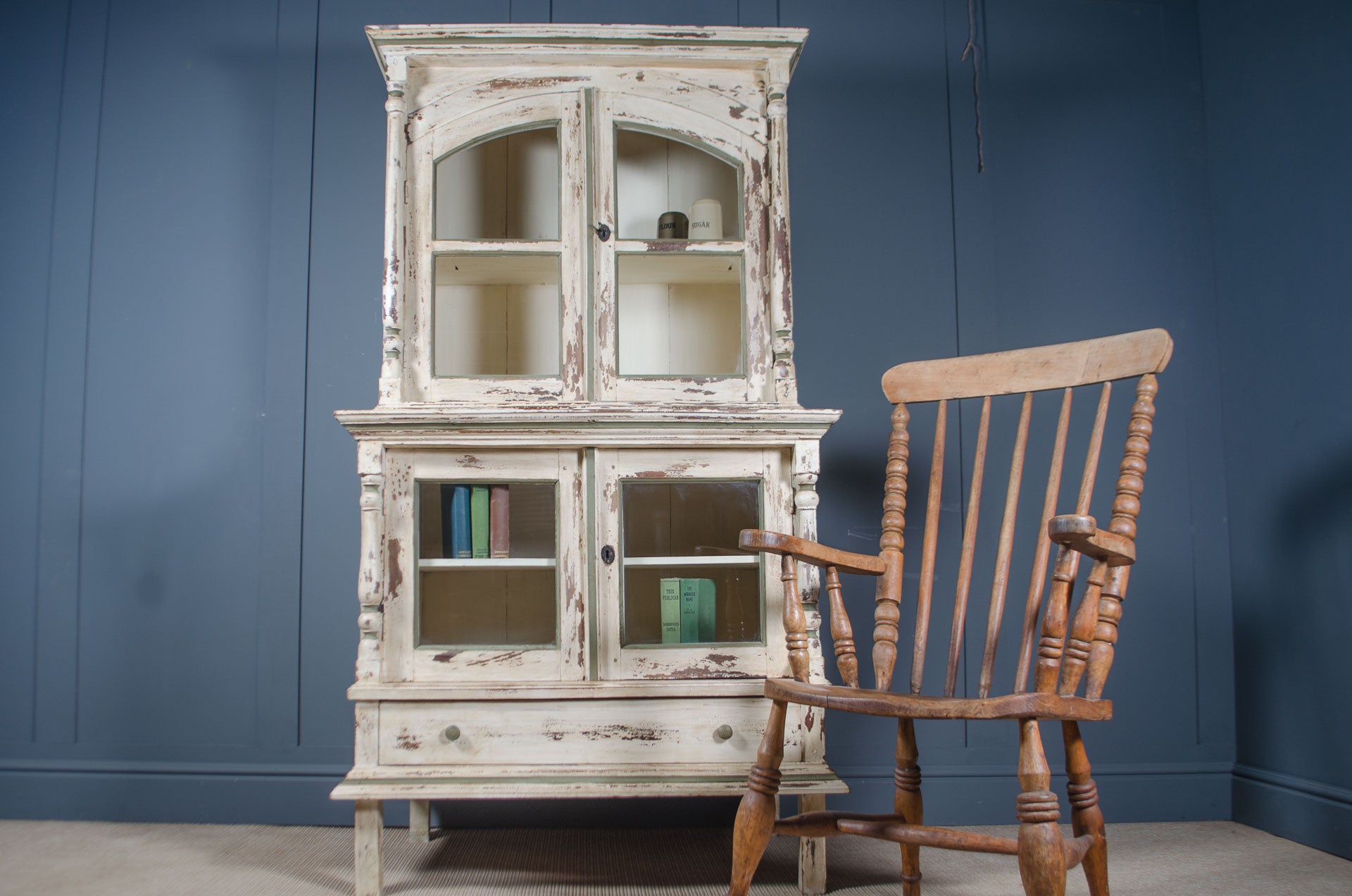 
Painted cream dresser cabinet with glazed cupboard doors and drawer