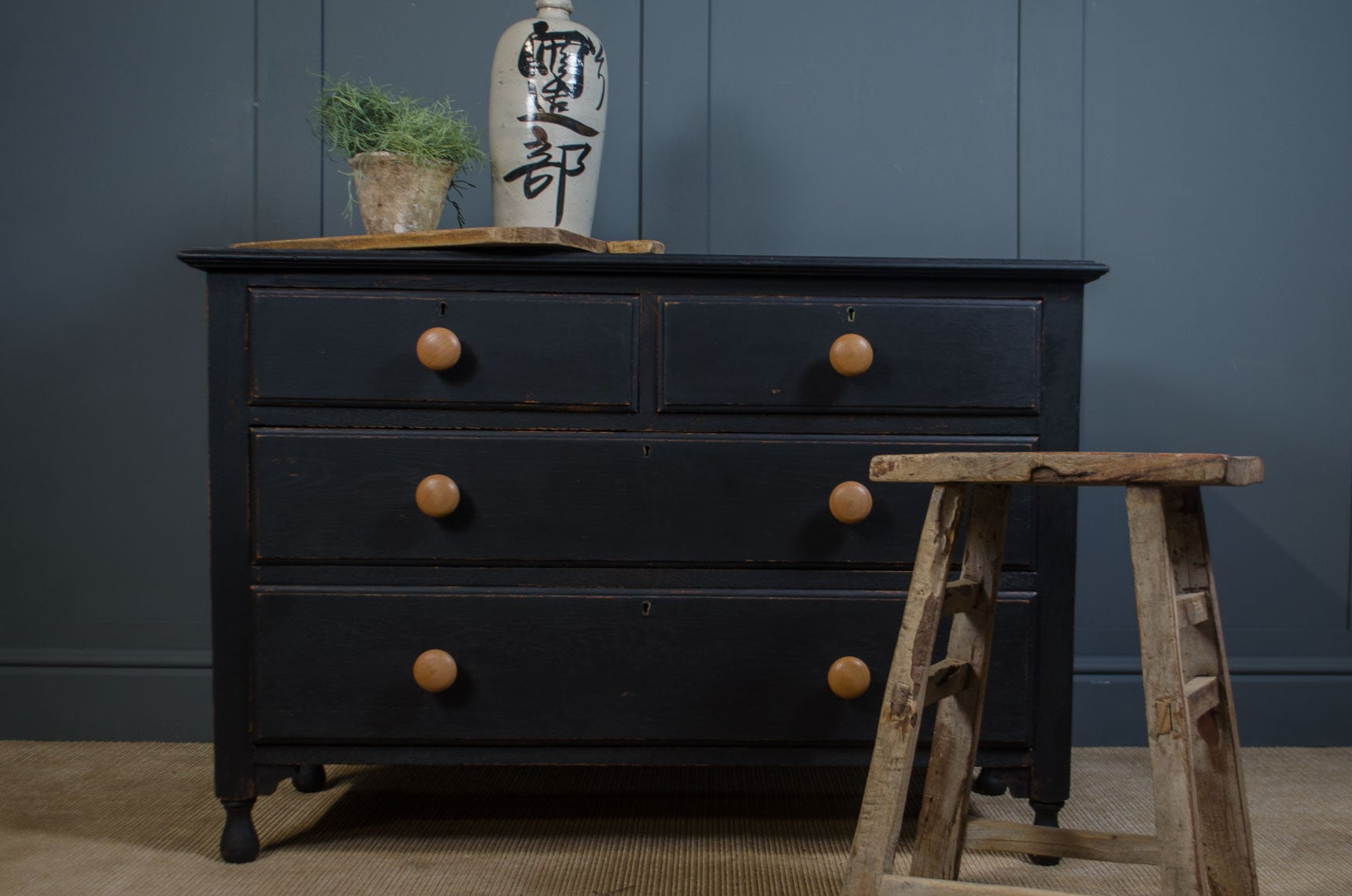 Edwardian Ebonised Painted Small Chest of Drawers | Antique Black Stor…

