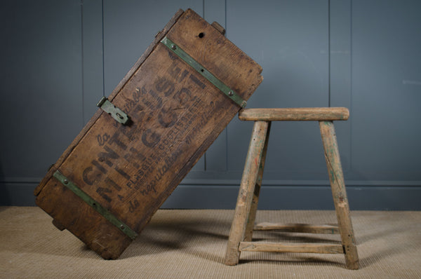 Reclaimed French industrial wooden storage trunk with metal straps and stenciled lettering, originally used for nitrogen coolant containers