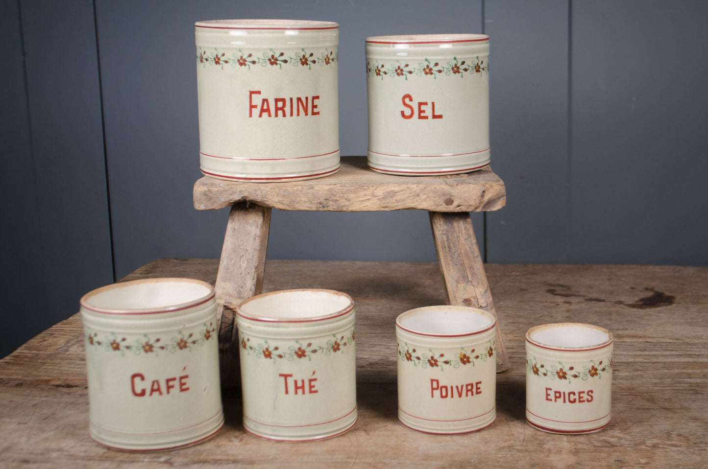 French pantry jars, decorative ceramic canisters, antique French kitchenware, farmhouse kitchen decor, French country interiors, vintage French homeware, ceramic storage jars, rustic kitchen accessories
