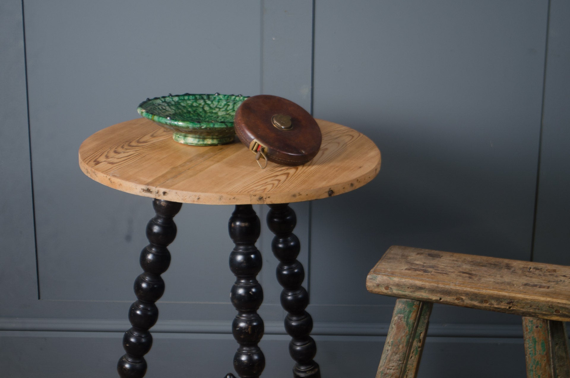 
19th century gypsy bobbin occasional table with turned wood legs and round top.