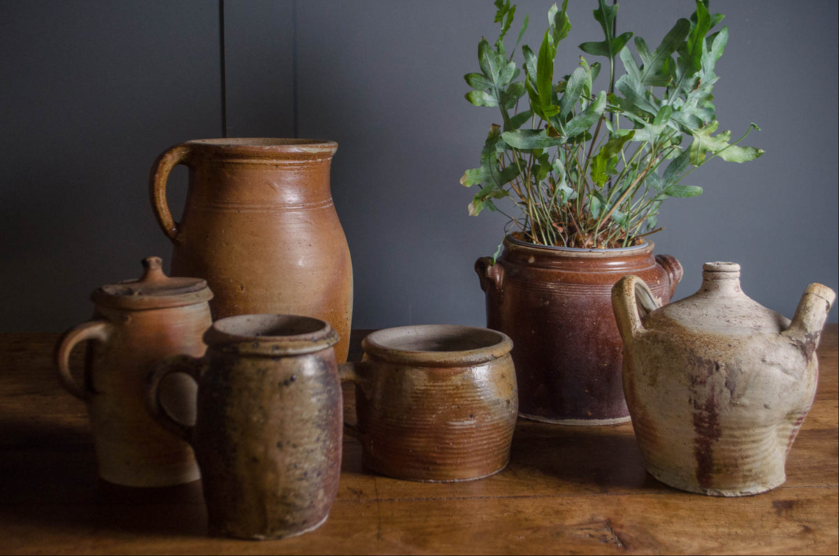 Old French stoneware confit and oil pots collection