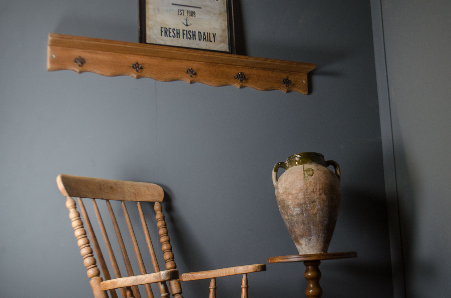 French Wooden Coat Rack with Shelf & Decorative Hooks