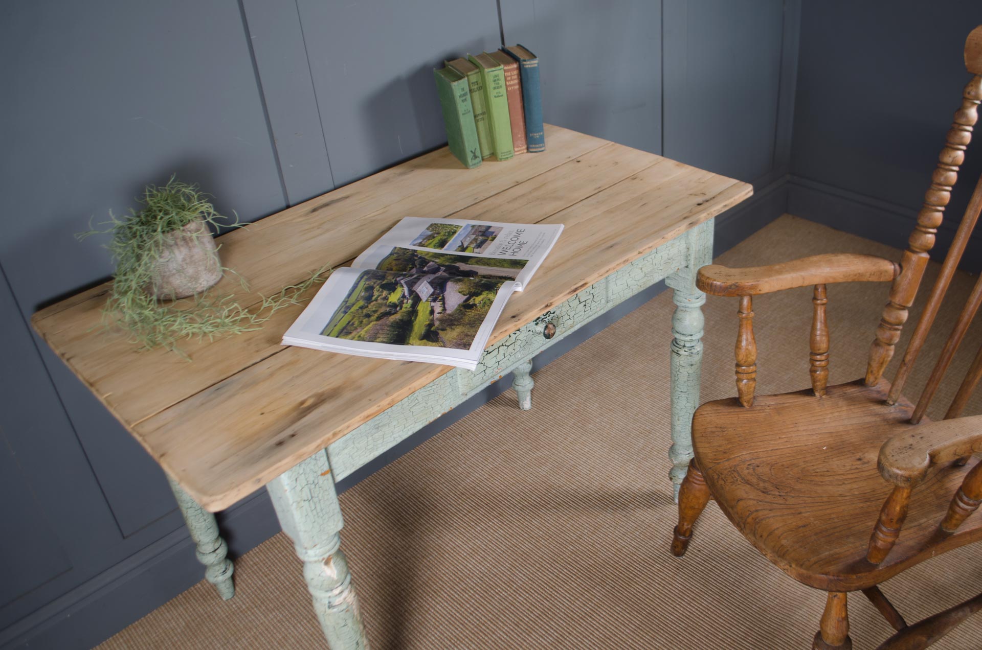 
Farmhouse style pine table with crackle paint finish.