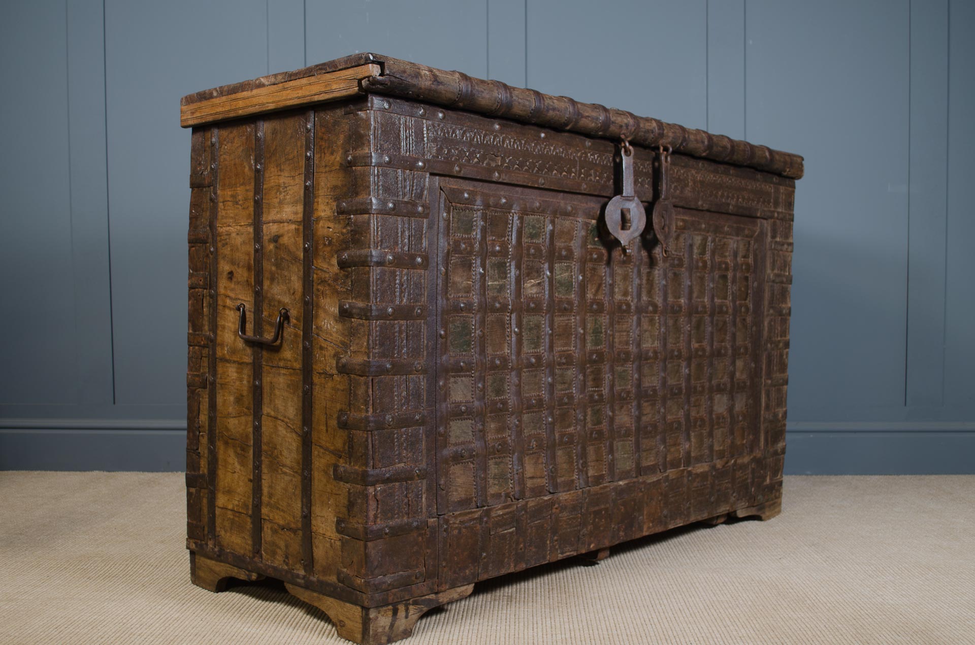 Vintage wooden trunk indian chest with iron handles and fretwork