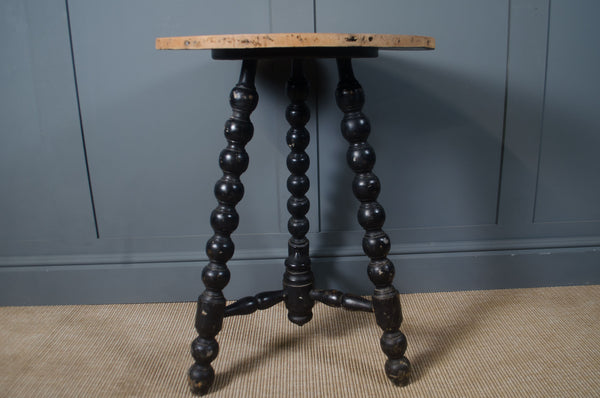 Victorian gypsy bobbin side table with three turned bobbin legs and circular wooden top
