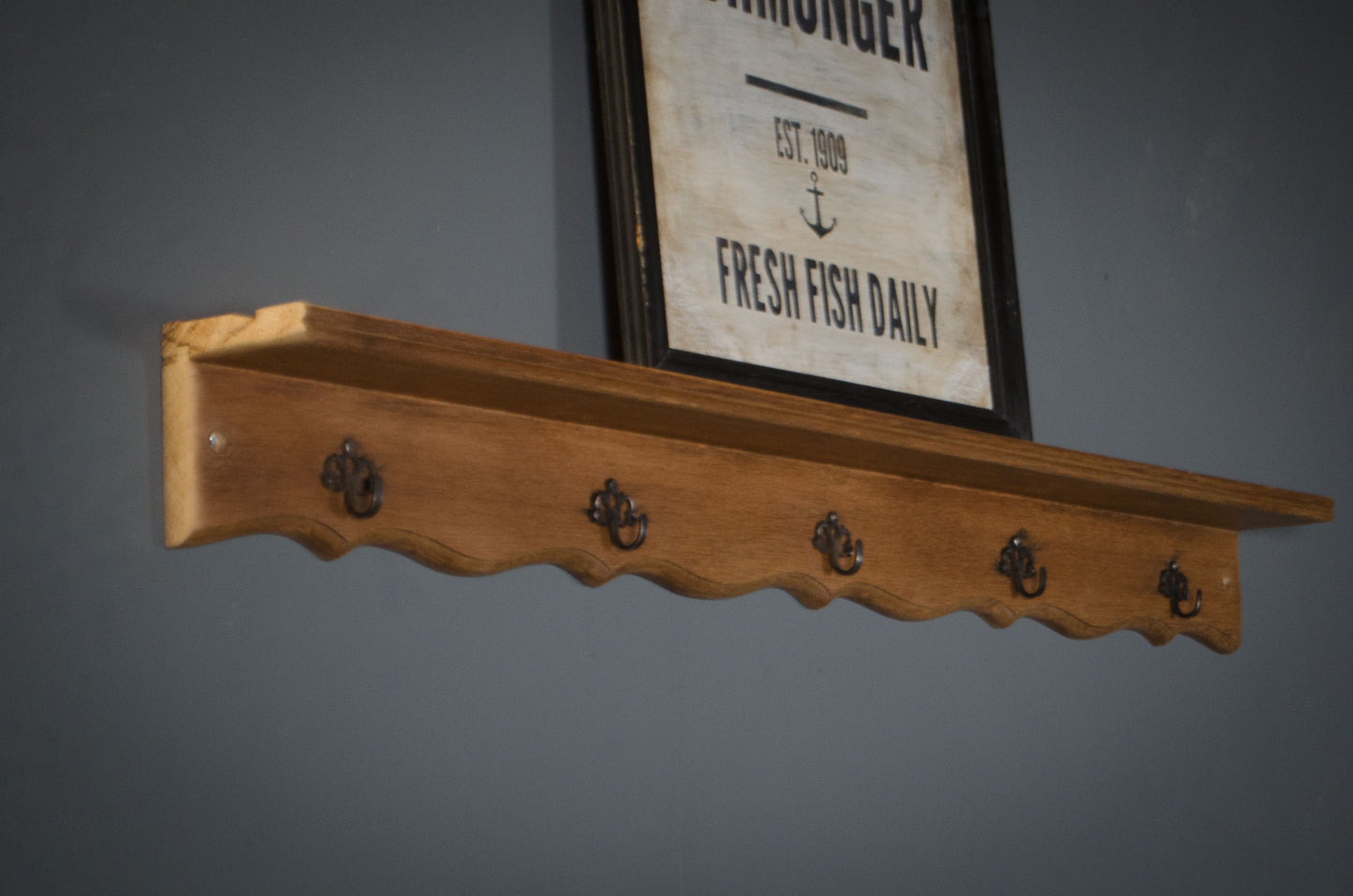 French Wooden Coat Rack with Shelf & Decorative Hooks