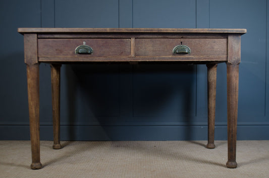 Vintage English oak architect’s desk with two drawers and brass cup handles