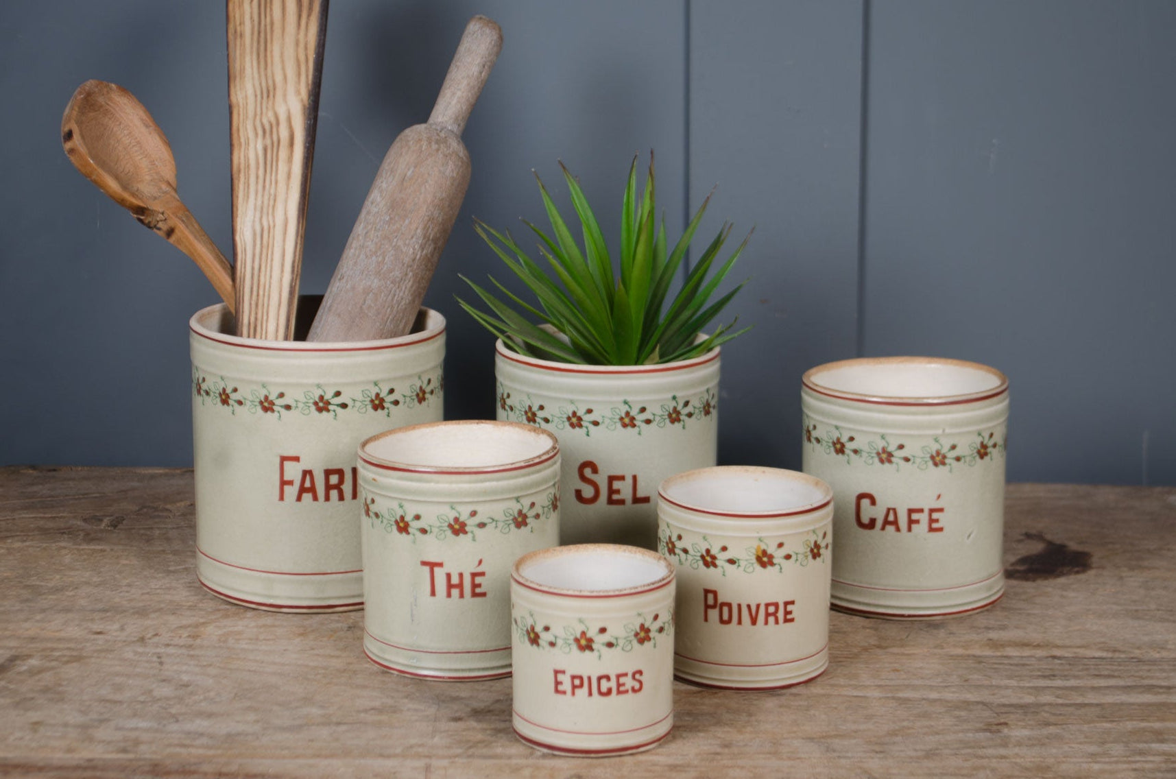
Set of five vintage French ceramic canisters with hand-painted decoration. Decorative French pottery ideal for kitchens, herbs, utensils and shelving.