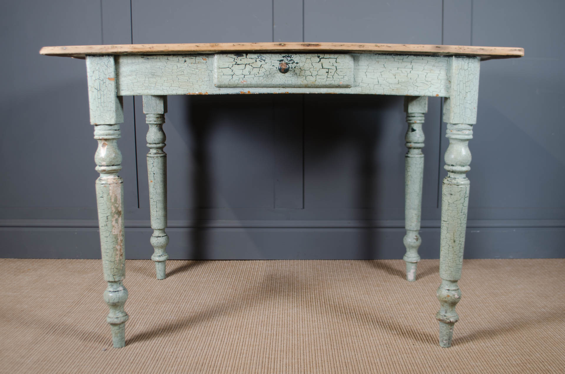 
Pitch pine farmhouse table with aged painted base.
