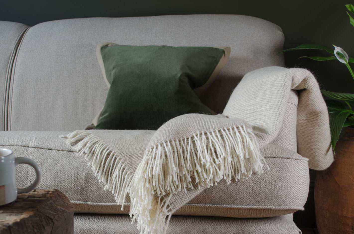 Beige sofa with a green velvet cushion, next to a reclaimed wooden coffee table and potted plant and beige pure wool blanket