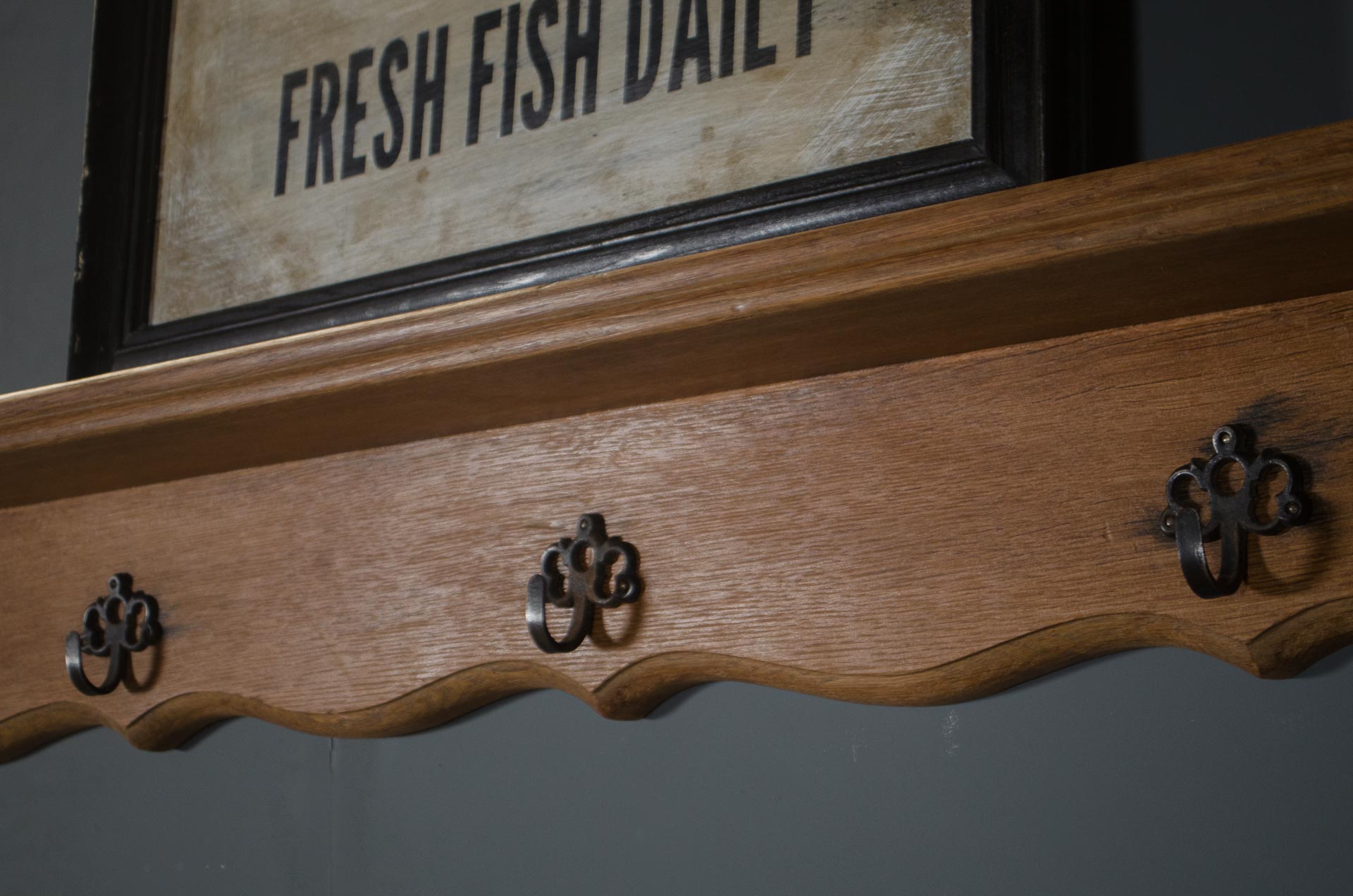 
French Wooden Coat Rack with Shelf & Decorative Hooks