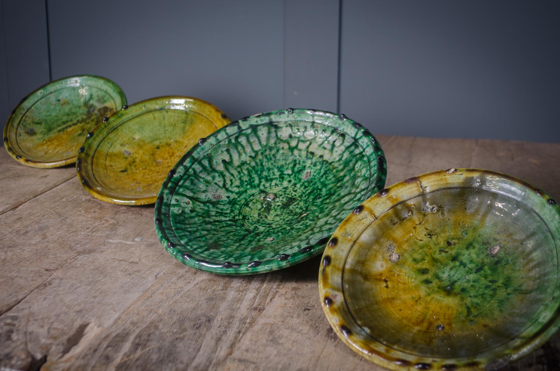 Moroccan green glazed ceramic serving plates from Tamegroute.