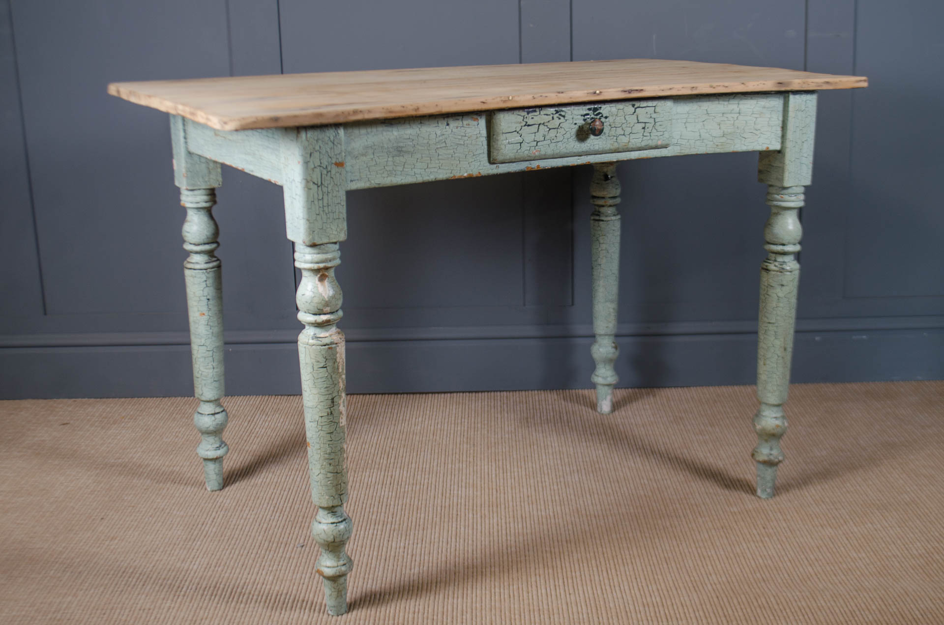 
Vintage pitch pine table with duck egg blue crackle painted base.