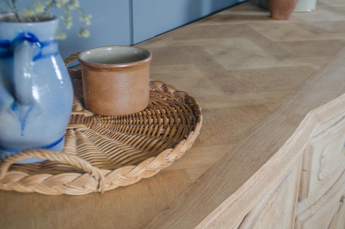 French pale oak sideboard with parquet top and three doors