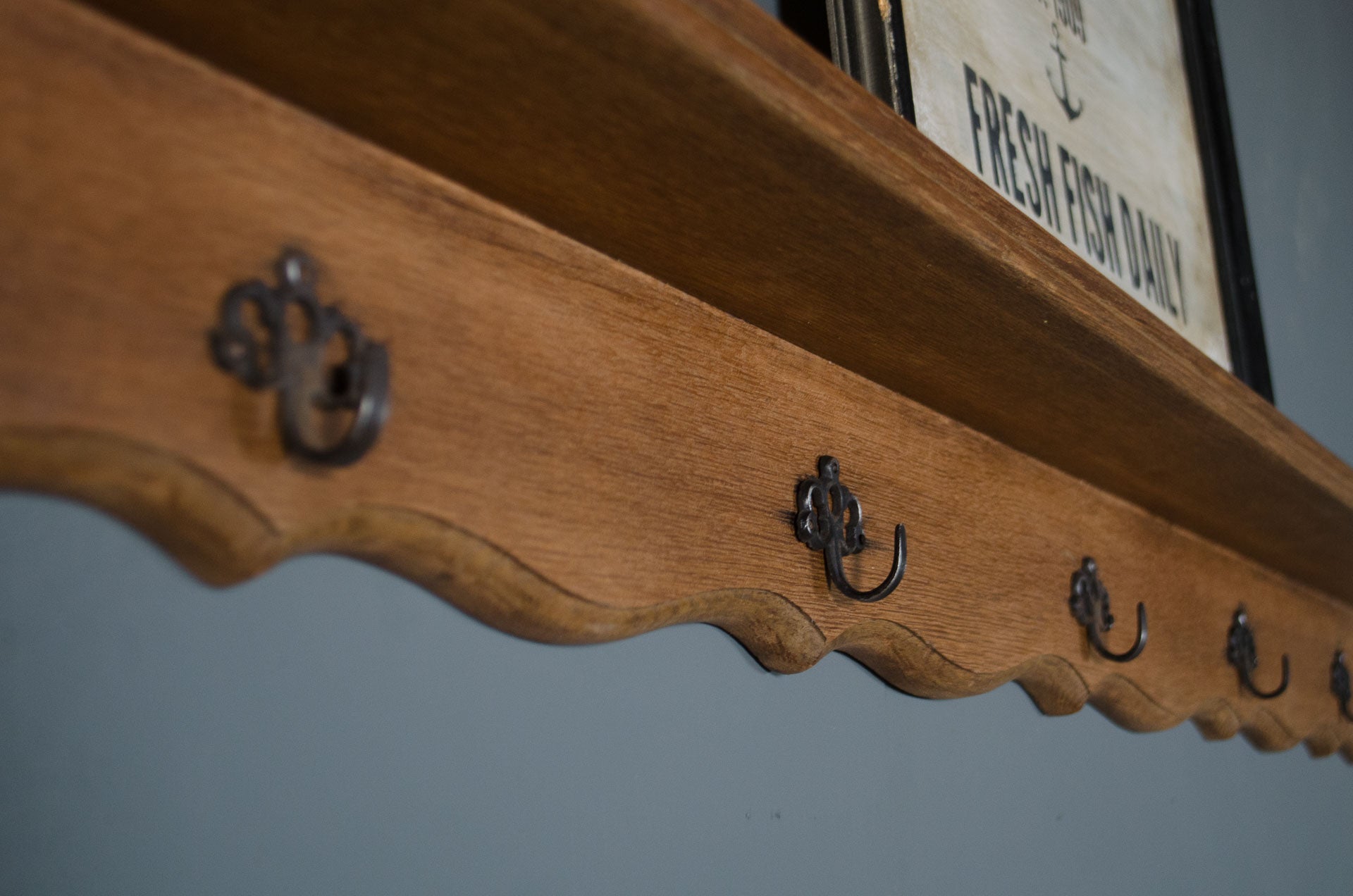 
French Wooden Coat Rack with Shelf & Decorative Hooks