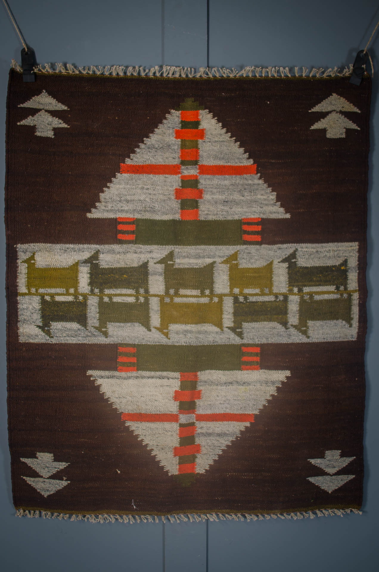 
mid century tapestry, Peruvian wall hanging, vintage textile art, handwoven rug, goat tapestry, brown orange green decor, bohemian wall art, Andean textile, South American rug, mid century modern decor, woven wool wall hanging, ethnic home decor, artisan handmade rug, vintage Peruvian art, rustic boho wall decor