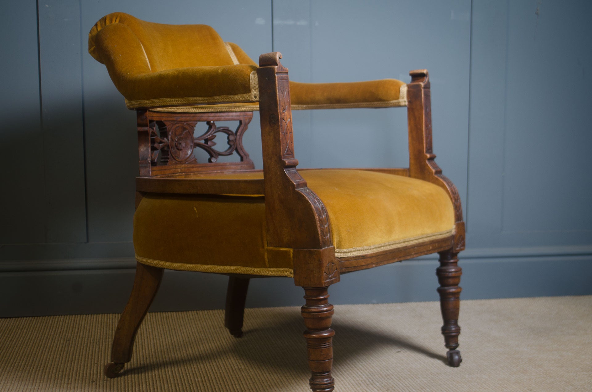 pair of mustard velvet Edwardian upholstered chairs 