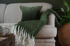 Beige sofa with green throw wool blanket and velvet cushion, wooden coffee table, and potted plant.