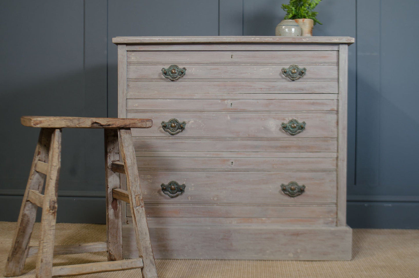 Lime Washed Edwardian Chest of Drawers with Verdigris Brass Handles
