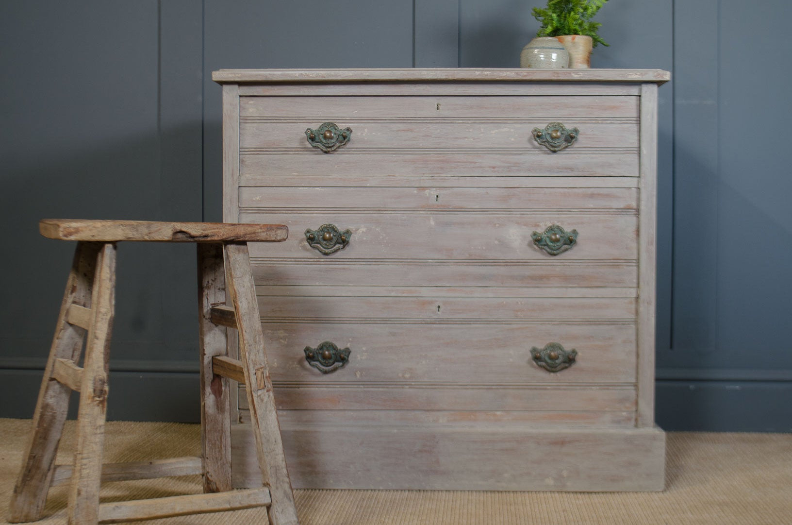 
Lime Washed Edwardian Chest of Drawers with Verdigris Brass Handles