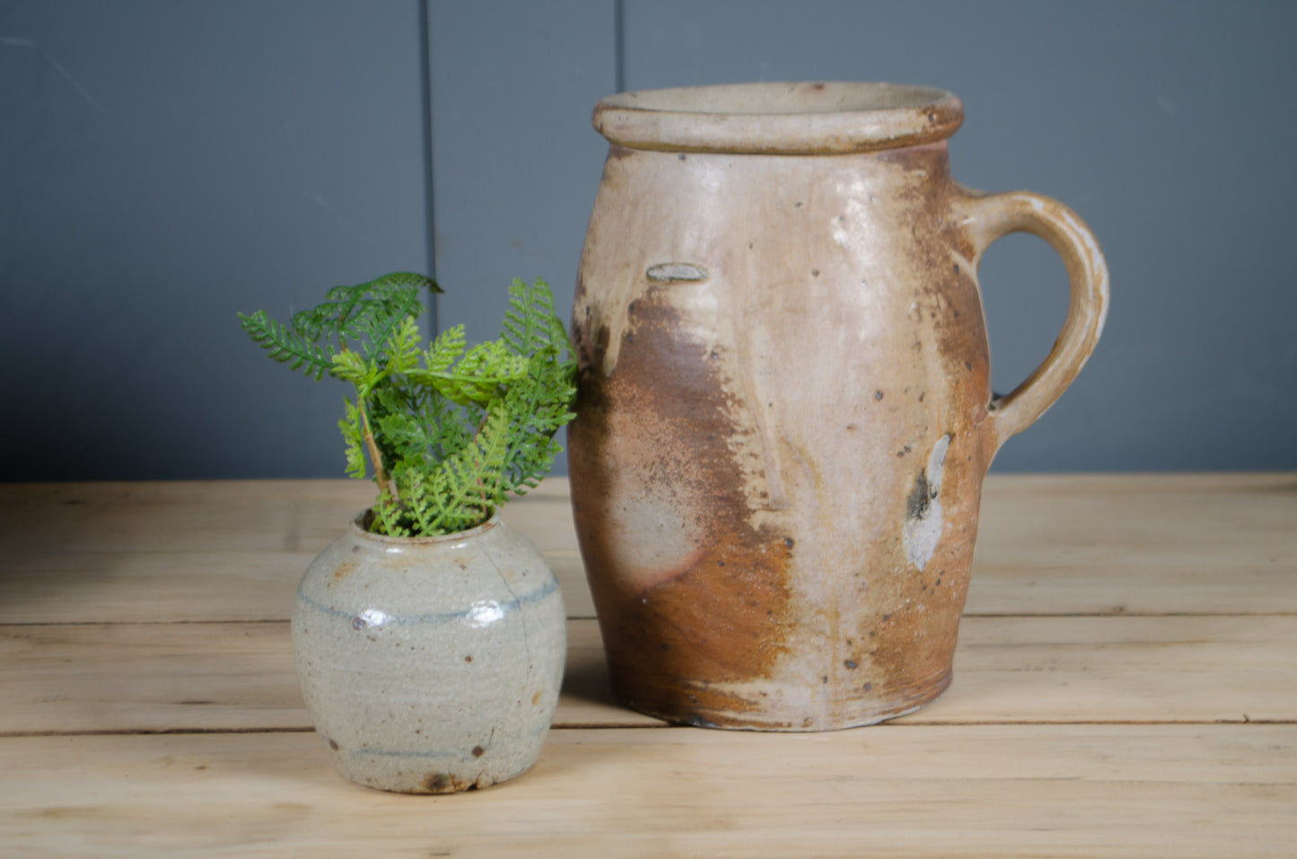 Traditional antique French pottery confit jars for farmhouse and country interiors.