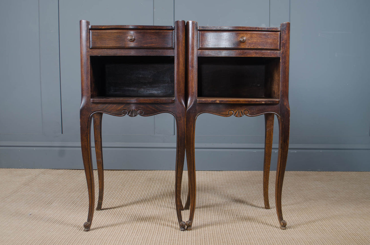 Pair of French occasional tables with cabriole legs and drawer storage.