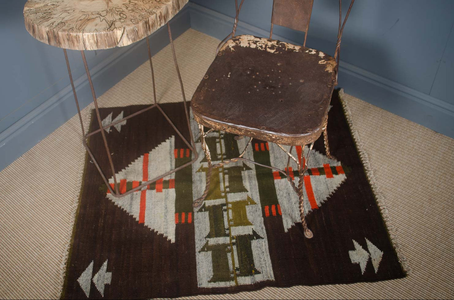 
Mid-Century Peruvian Tapestry Wall Hanging Rug with Goats – Brown, Orange & Green Vintage Textile Art