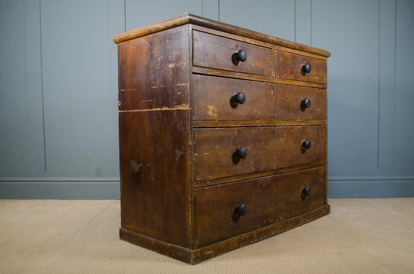 Victorian rustic pine chest of drawers with original crackled aged finish