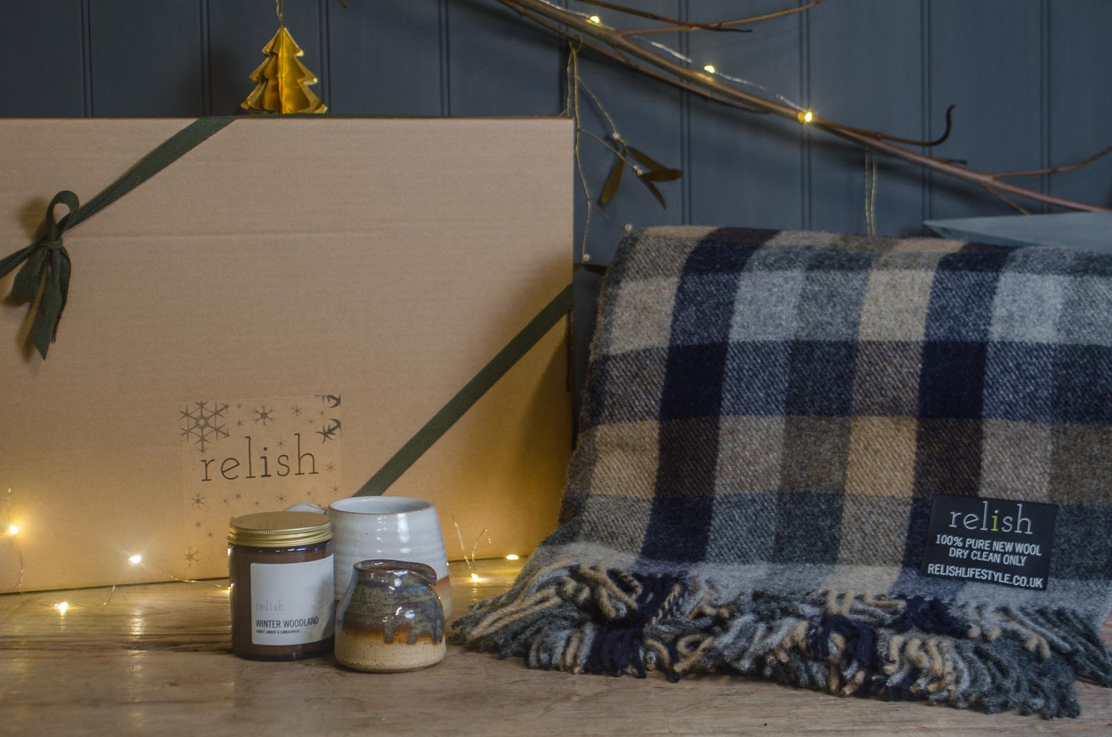 Relish branded gift box, cosy night by the fire candle, pure new wool blanket, hand made mug devon