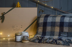 Relish branded gift box, cosy night by the fire candle, pure new wool blanket, hand made mug devon