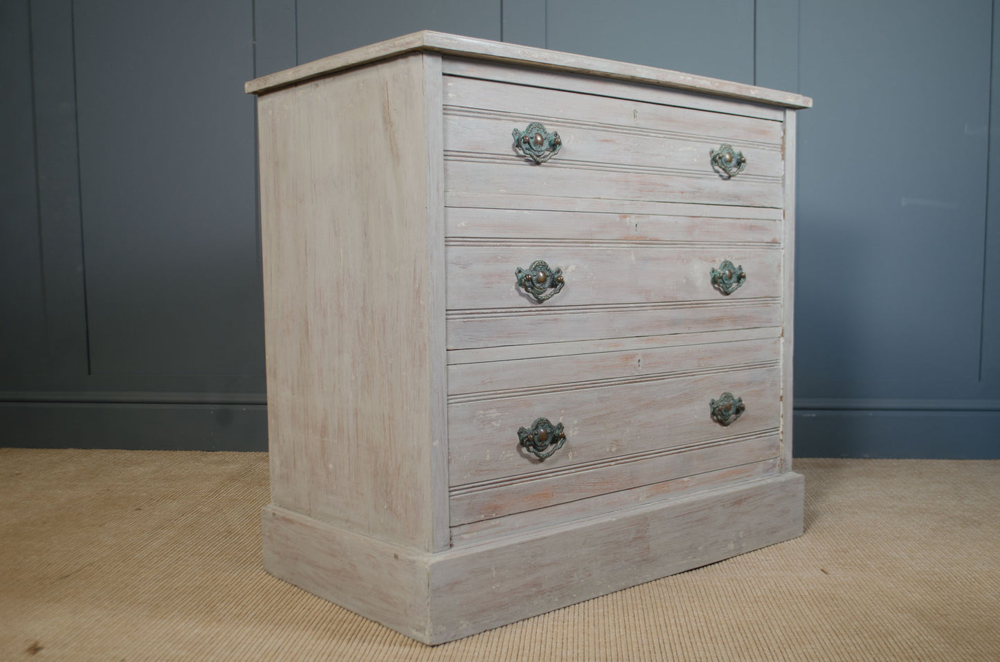 Lime Washed Edwardian Chest of Drawers with Verdigris Brass Handles