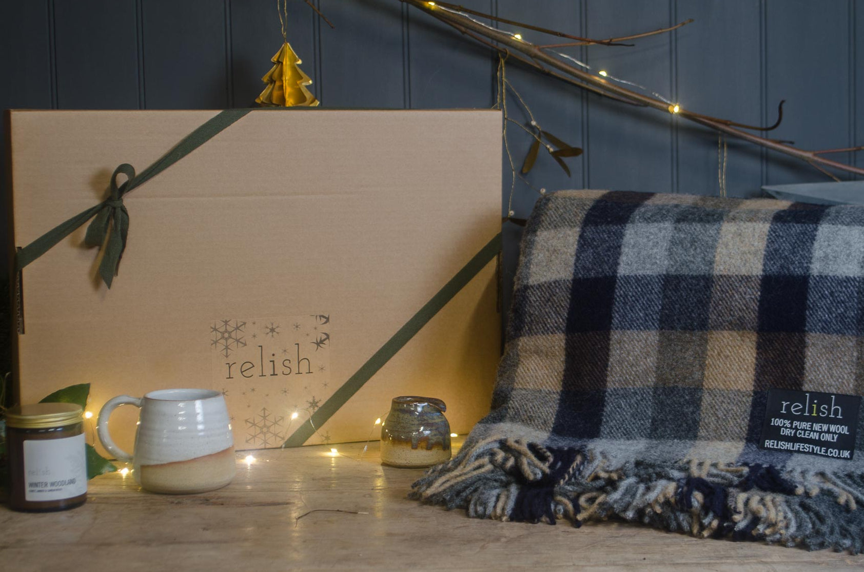relish lifestyle gift box with wool blanket hand thrown mug made in cornwall, winter spiced soy candle 