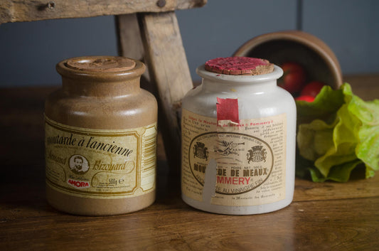 Old French mustard pots with cork lids and original labels