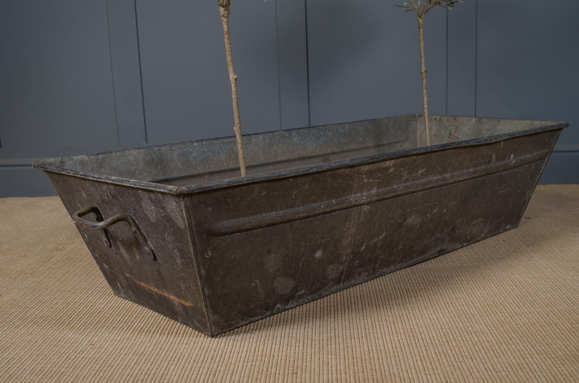 Vintage-style metal trough bath planter with handles on a textured surface against a blue wall.