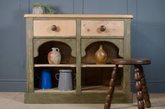 Victorian farmhouse sideboard with waxed pine top and open shelving.