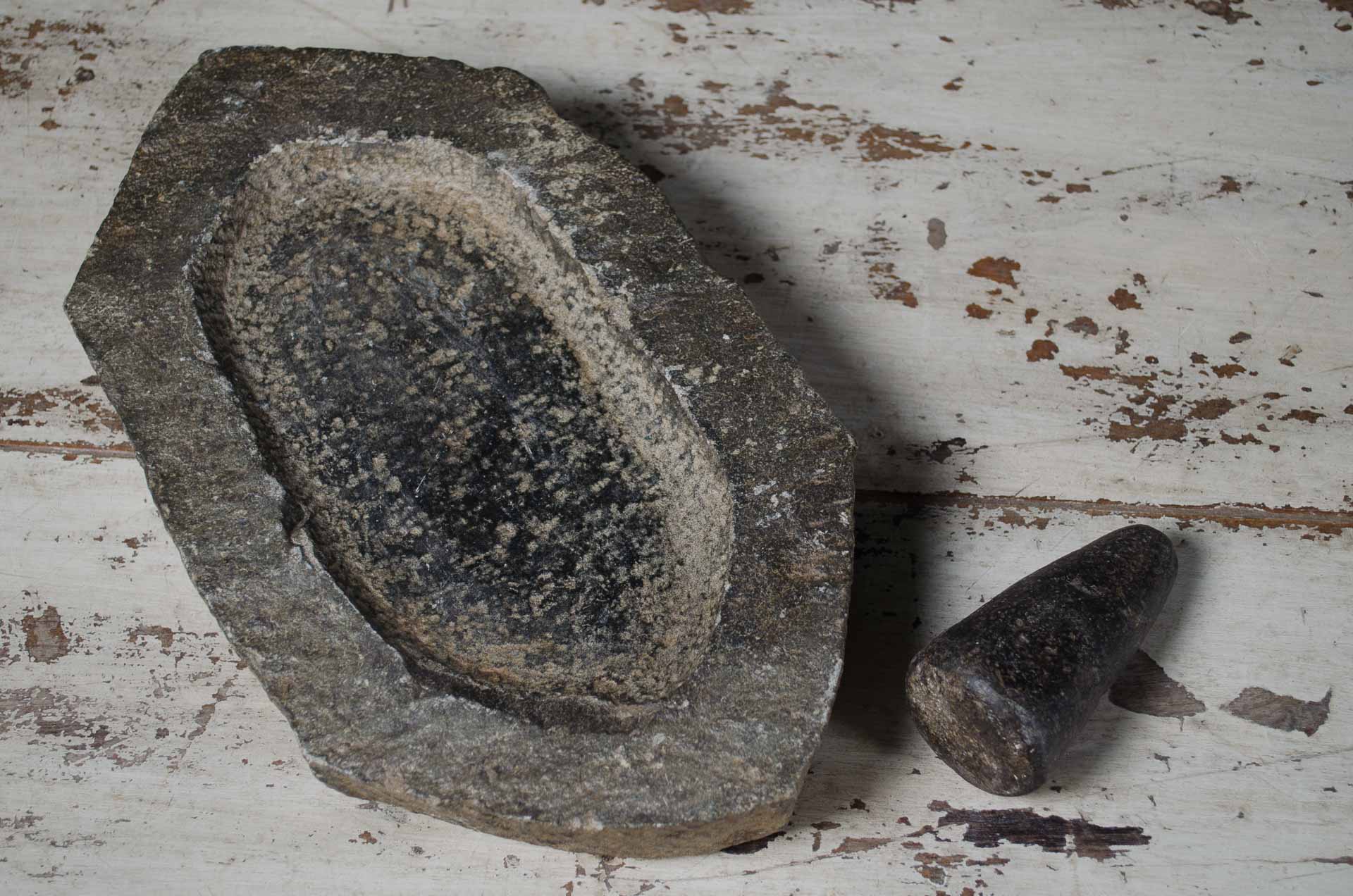 Pestle mortar antique indian reclaimed in a farmhouse rustic kitchen