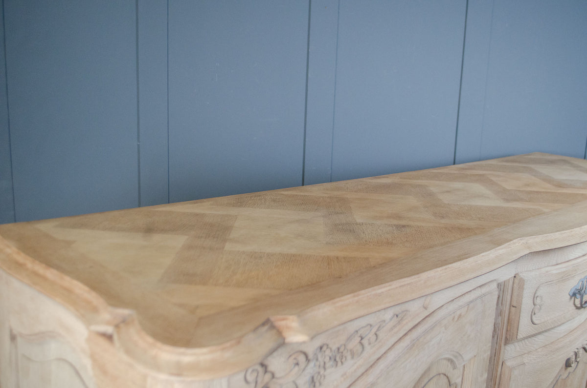 Pale oak dining room sideboard with original metal fittings