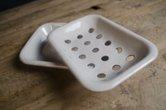 enamel soap dish, two-piece soap holder, beige bathroom accessories, vintage enamelware, farmhouse soap tray, minimalist bath decor, enamel sink dish