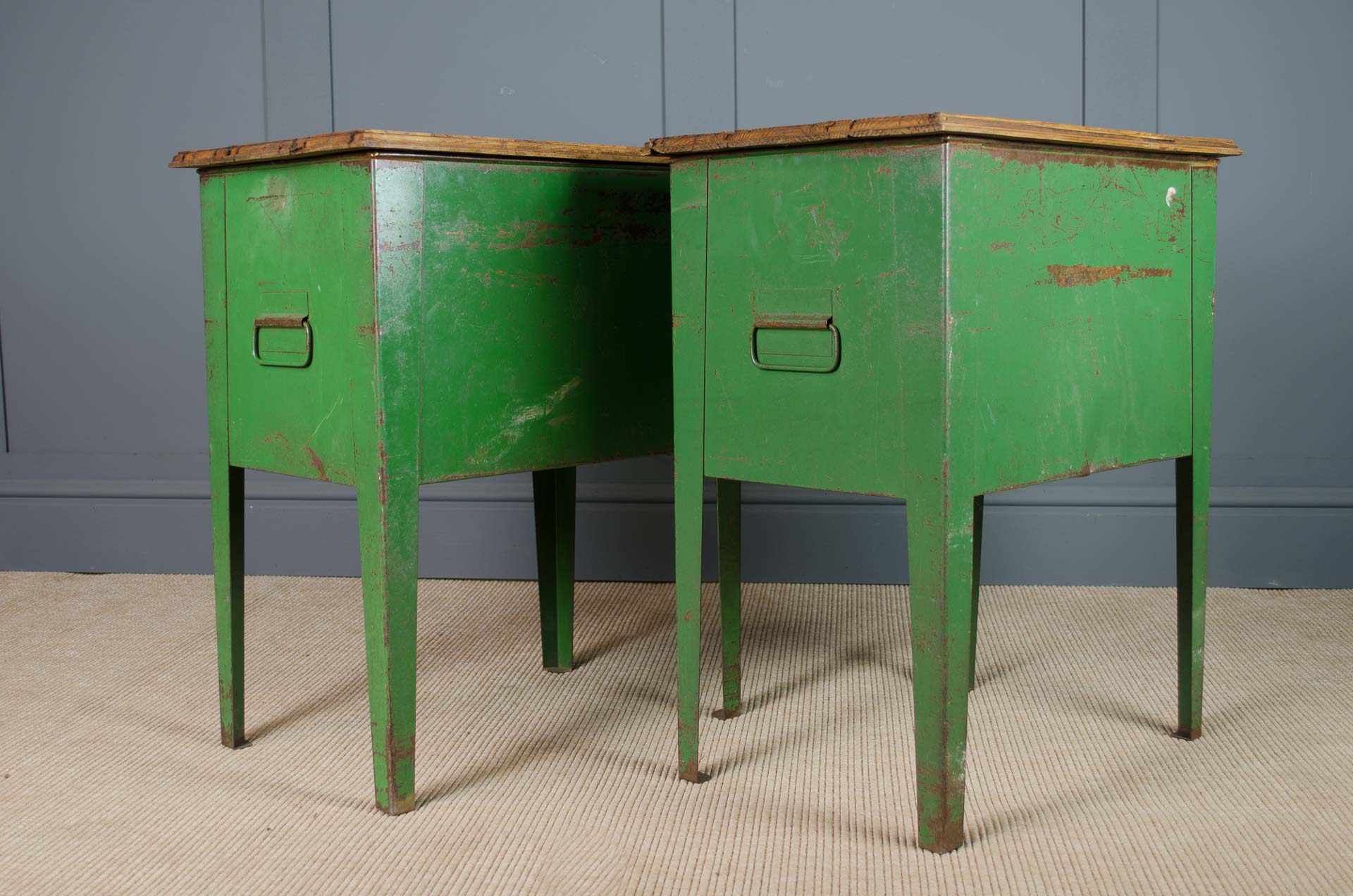 green industrial storage tables