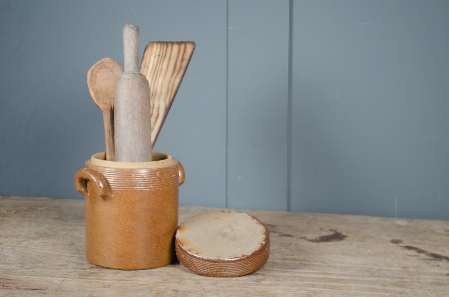 French salt glazed stoneware confit jar utensil pot