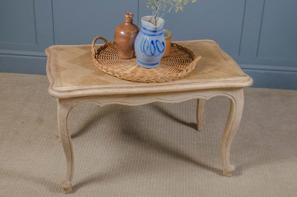 Pair of French oak bedside tables with parquet tops