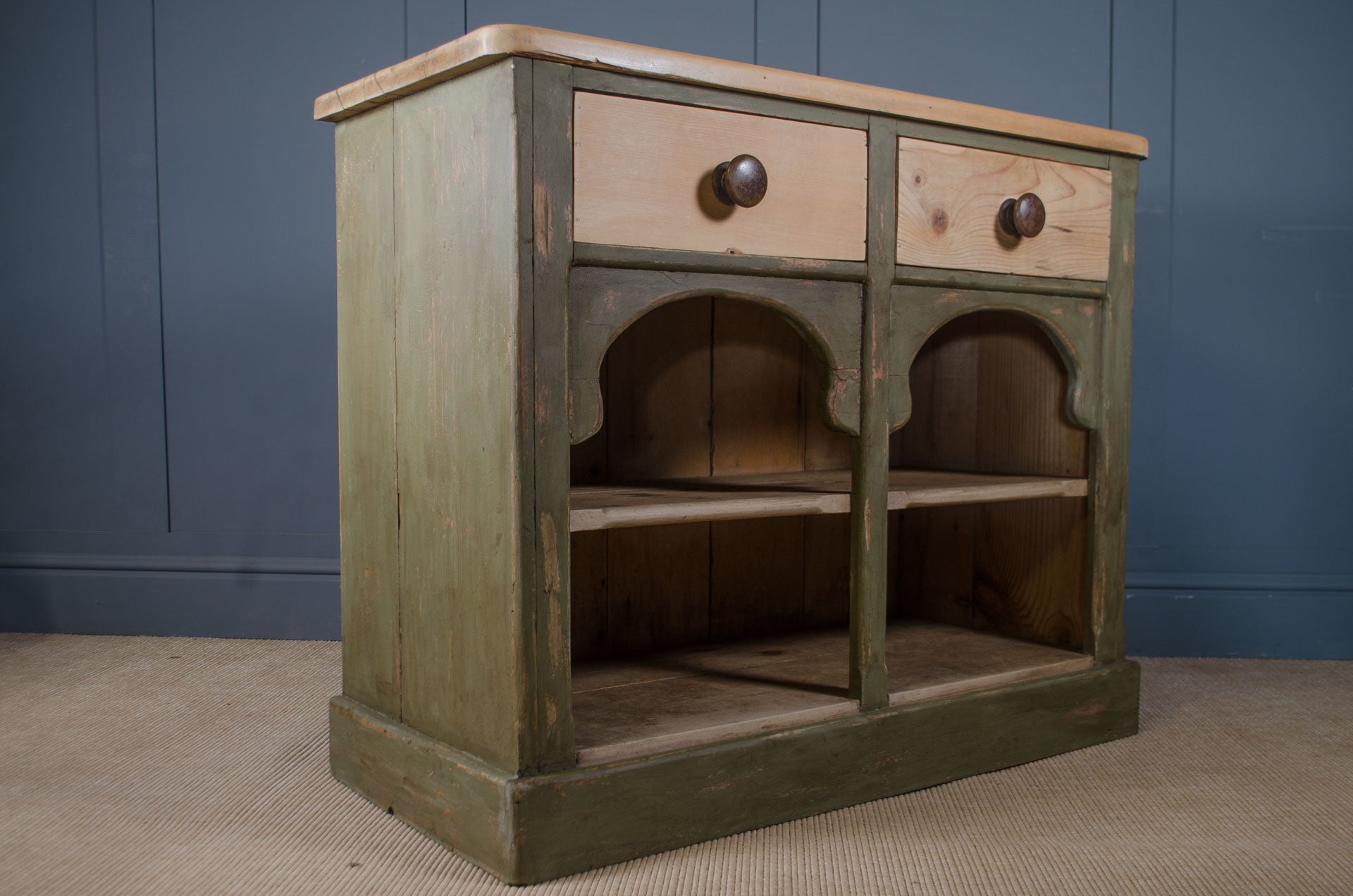 Victorian pitch pine dresser sideboard with olive green painted base and waxed top.